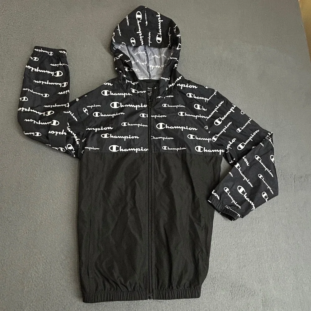 Champion Windbreaker Kids M Logo Print Full Zip Hooded Jacket Sporty Lightweight